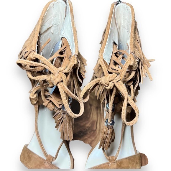 Steve Madden Womens Shay Sandal High Heel Shoes Brown Suede Fringe Tassel Zip 8M - Picture 6 of 11